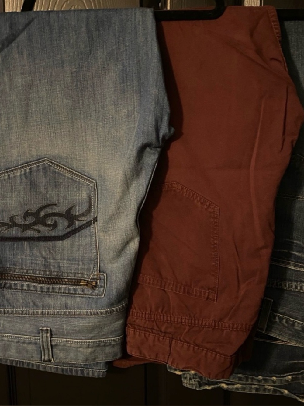 Denim & Rust Casual Pants - Distressed Light Blue and Rust Red